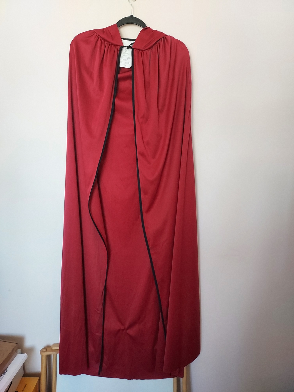Adult Halloween Hooded Cloak Robe Costume Cosplay Red Burgandy Black Trim 2X